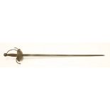 A copy of a cup-hilted rapier, twisted iron hand guard, twisted wire grip, fullered blade, no