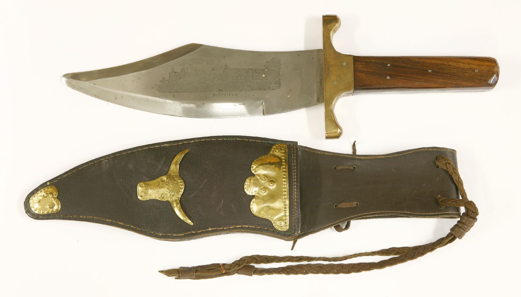 Two Bowie knives in leather scabbards,mid-20th century, one with walnut grip, the blade etched - Image 3 of 4