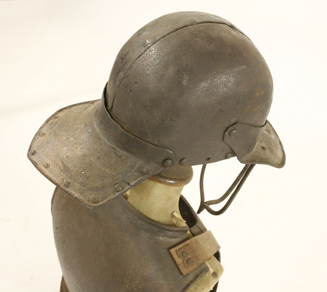 Cromwellian armour,a lobster tail helmet, breast and backplates, on a half dummy (4) - Image 3 of 3