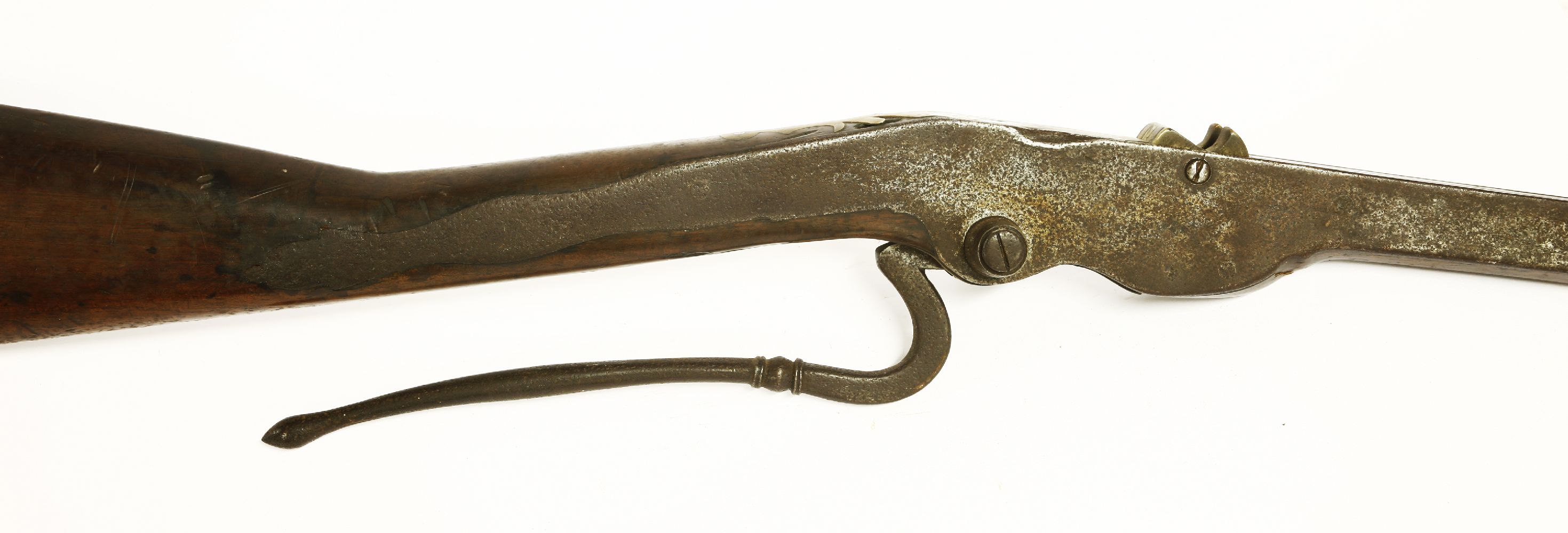 A wooden and iron crossbow, early 19th century,90cm long72cm wide, anda cranequin or goat's foot - Image 3 of 3