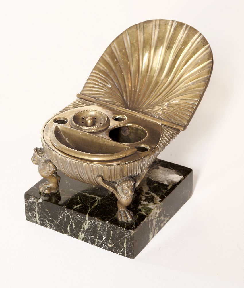 A brass desk inkwell,19th century, probably French, cast as an oyster shell, opening to reveal a - Image 2 of 2