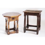 An oak joined stool,in the 17th century style, on turned legs,56cm high,together with a modern low