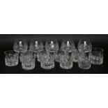 Five modern brandy glasses,with cut and engraved decoration,together with ten whisky tumblers (15)