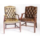 Two modern library chairs,in the George lll style with deep buttoned brown leather upholstery,62cm