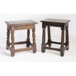 Two oak joined stools,17th century and later, one with a lunette carved frieze and one with a