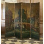 A four-panel folding leather screen,late 19th century, painted all over in oils with a Dutch town