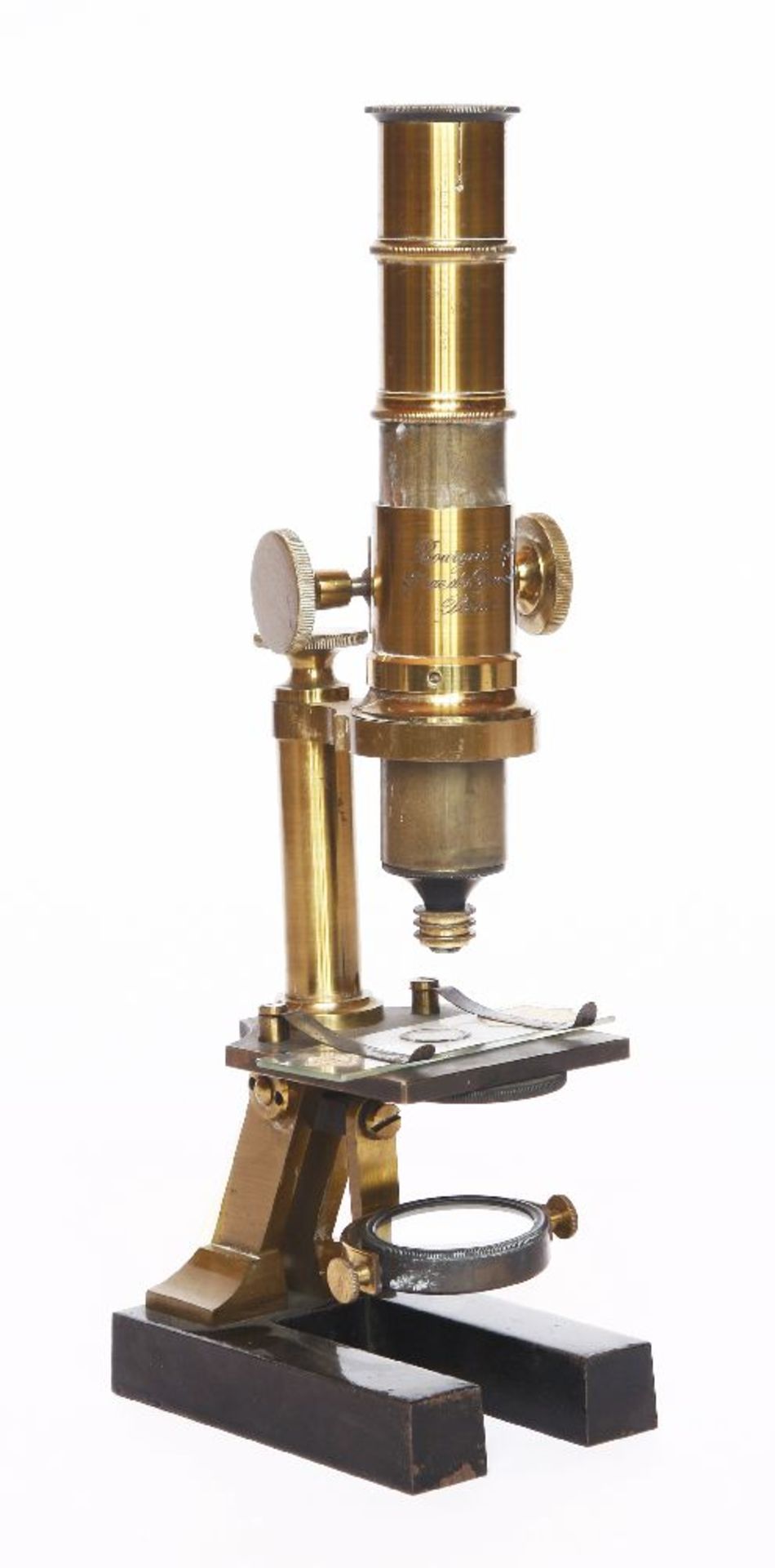 A brass monocular microscope,late 19th century, on a blackened metal base, engraved 'Bourgeois optni