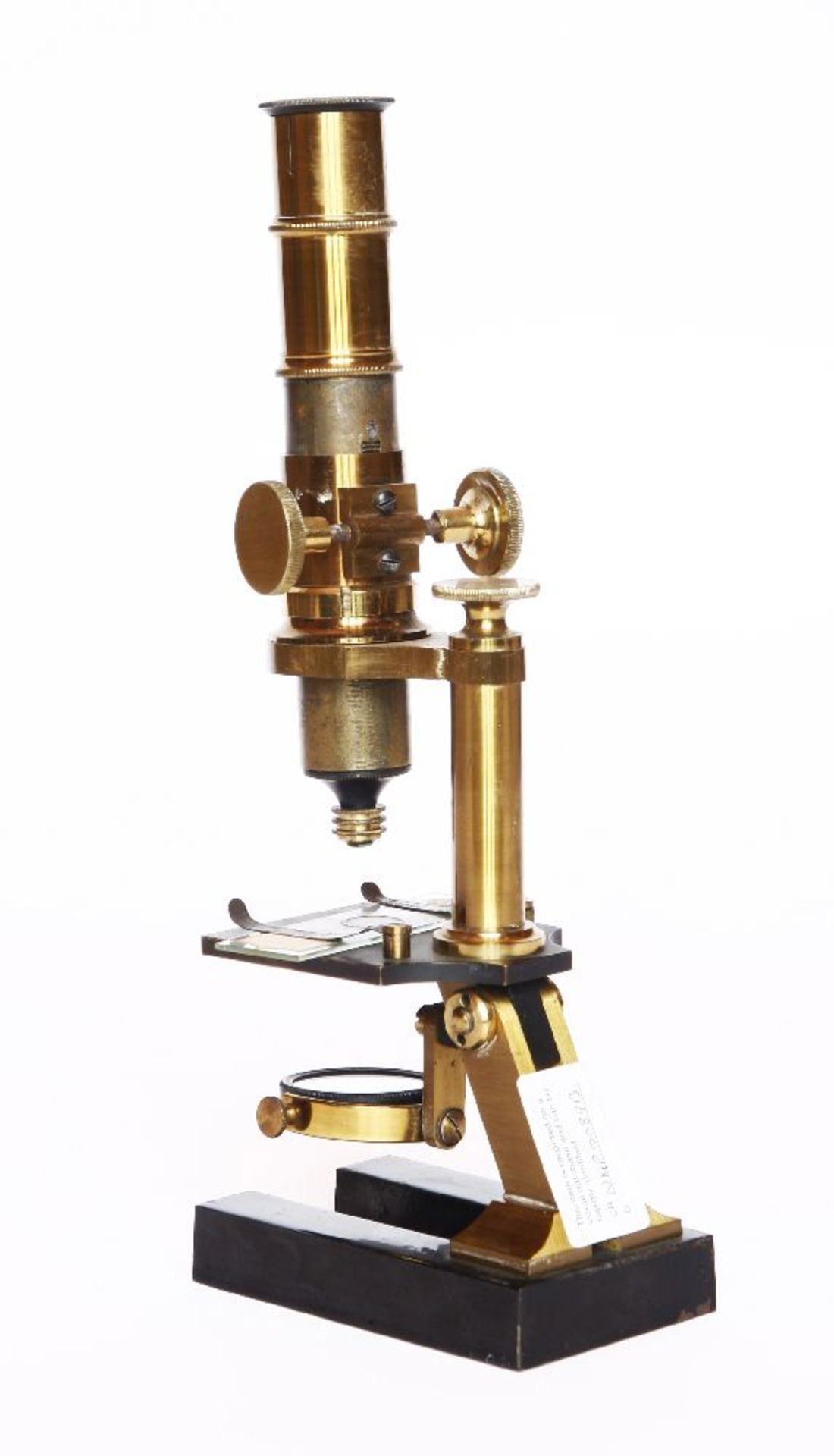 A brass monocular microscope,late 19th century, on a blackened metal base, engraved 'Bourgeois optni - Image 2 of 2