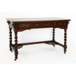 A mahogany writing table,late 19th century, the inset leather top with a boxwood and ebony strung