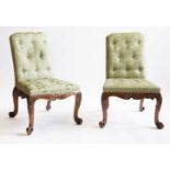 A pair of George I-style walnut single chairs,first half of the 20th century, upholstered in green