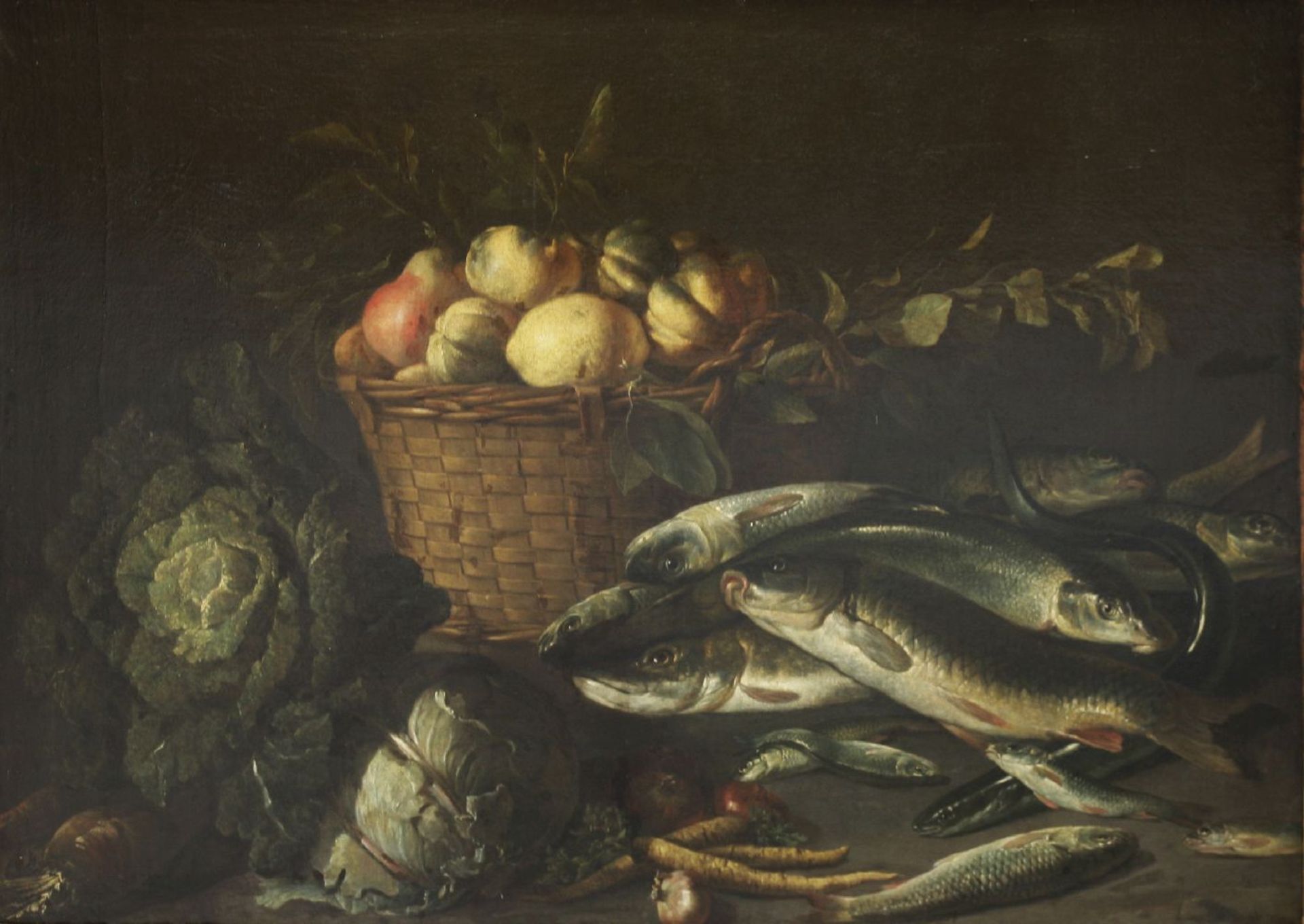 Attributed to Pieter van Boucle (Flemish, 1610-1673)STILL LIFE OF FISH, VEGETABLES AND FRUIT IN A