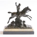 English School, 19th century,a racehorse and jockey, bronze on a Sienna marble and bronze plinth,