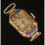 A ladies 9ct gold Art Deco Orator mechanical watch head, with red, blue and black enamelled case,