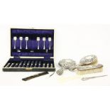 Various silver backed dressing table items, mirror, brushes and a cased cake set and spoons