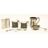 A quantity of various silver items, to include a pair of mustards of cylindrical form, a small