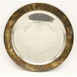 A modern circular silver charger by Peter Nichols, with engraved rim, with inscription, 35.5cm