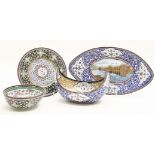 A collection of four Persian Minayak items, to include an oval dish with pictorial centre, 28 x 16