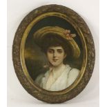 Portrait of Lady in Straw Hat, oil, with monogram and inscribed reverse, oval, 50 x 40cm