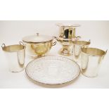 A large quantity of silver plated wares, to include a twin handled wine cooler of urn form, ice