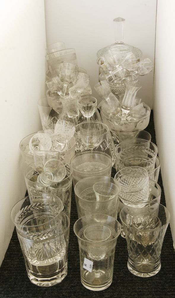 A collection of cut glass items, to include a vase and cover with gilt detailing, 29cm high, and
