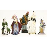 Two Royal Doulton figures, to include Carpet Seller and Gentleman from Williamsburg, and three