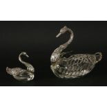 Two Continental 835 and 925 marked silver and glass swans, 13 and 7cm high