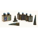 Two Chinese quadruple hinged snuff/scent bottles, coloured enamel and silver,and a pair of enamelled