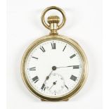 A rolled gold open faced pocket watch, with white enamel dial, Roman numerals and subsidiary seconds