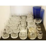 Eighteen cut glass tumblers, together with five cut glass brandy glasses, two glass preserve pots