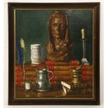 Léo Van Droogenbroek (1905-1995)A STILL LIFE WITH A BUST AND LEATHER BOUND VOLUMESSigned and dated