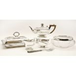 A silver plated cutlery canteen, (incomplete), three piece tea set, butter dish etc