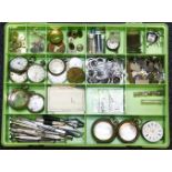 A collection of various watchmakers spares/parts, to include, springs, fusee chains, barrels and