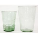 Two soda glass vases, etched with tall ships, with dog tooth rims, 25 & 31cm high (2)