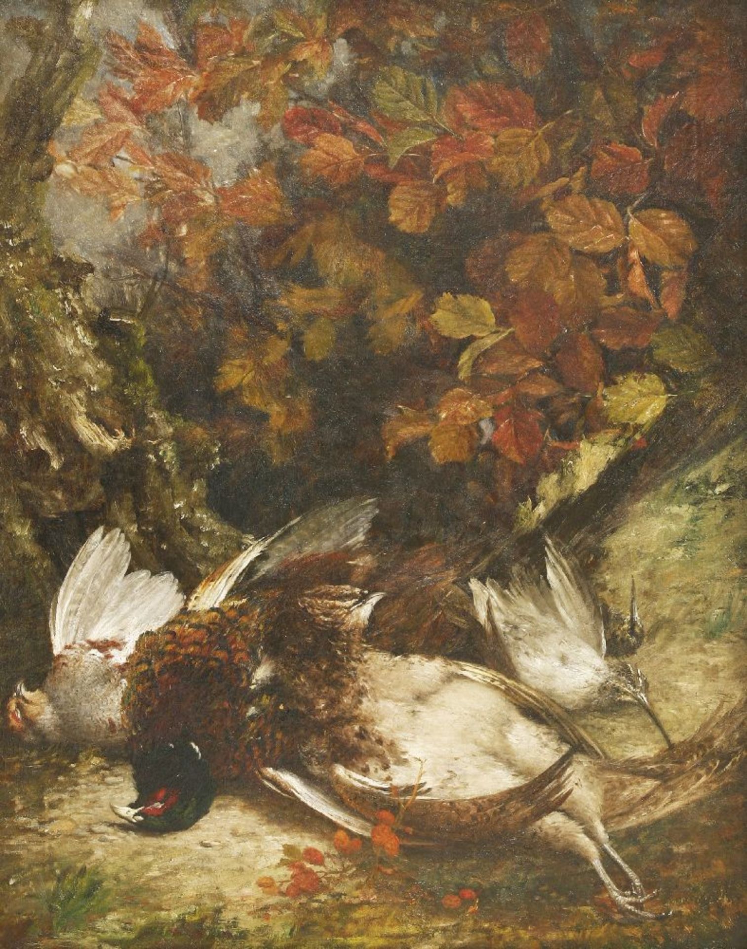 William Hughes (1842-1901)STILL LIFE OF GAME WITH PHEASANTS, WOODCOCK AND AUTUMN LEAVESOil on - Image 2 of 3