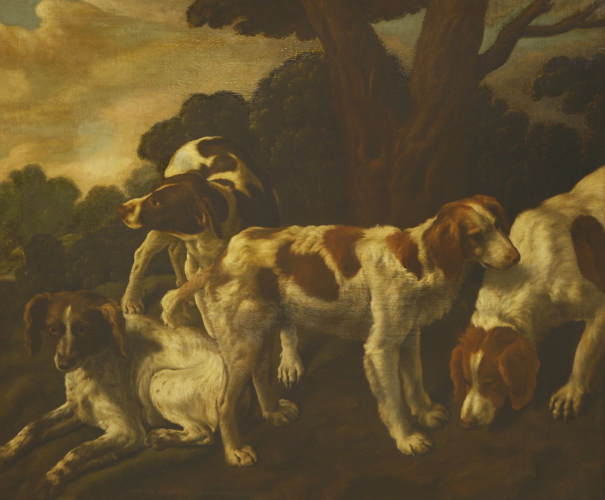 Dutch School, c.1648SPANIELS AND POINTER IN A LANDSCAPEIndistinctly signed and dated 'Horn 1648' l.