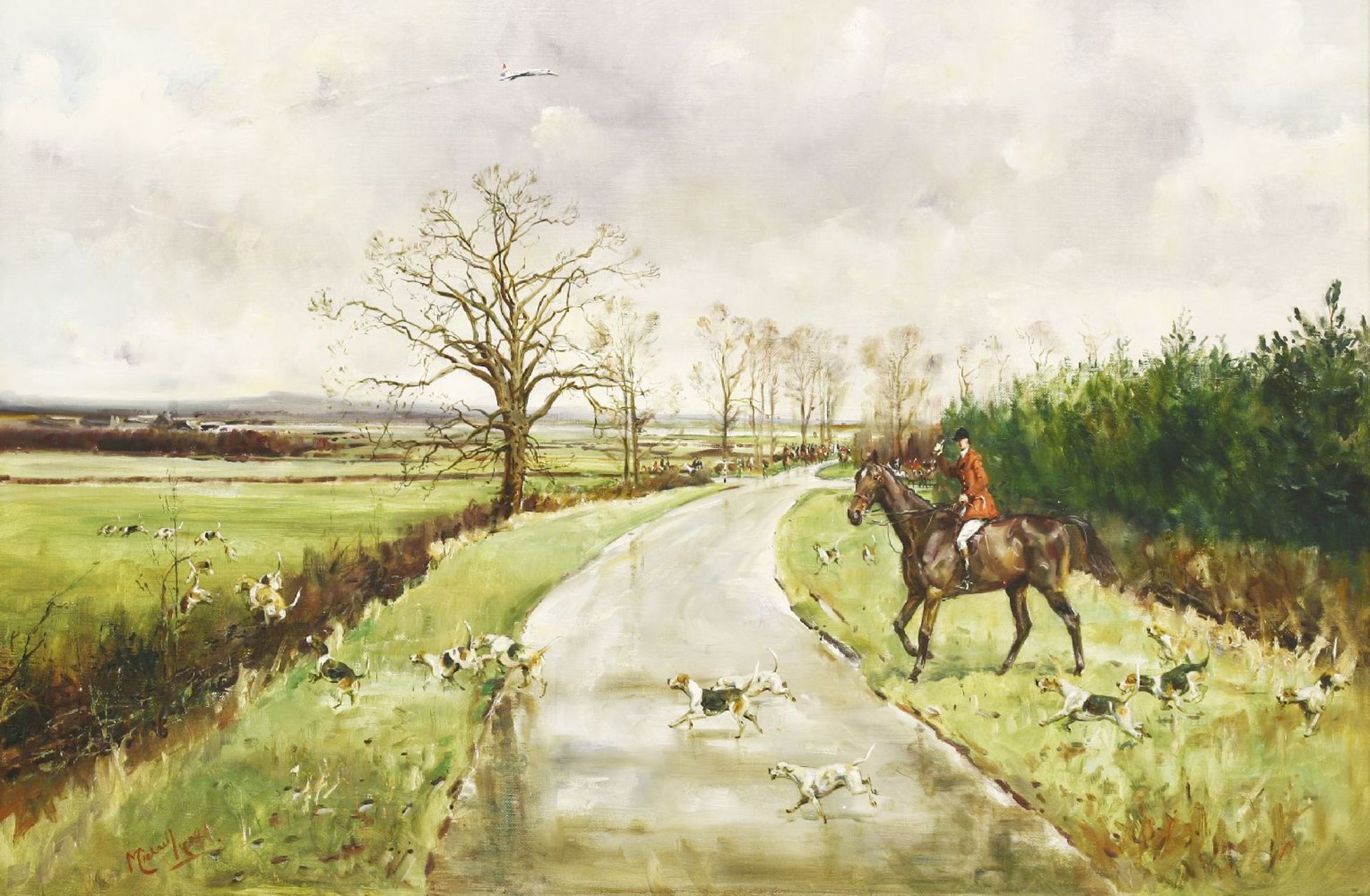 *Michael Lyne (1912-1989)THE V.W.H AT FURZEY HILL LOOKING TOWARDS THE CONCORDE AIRBASE AT