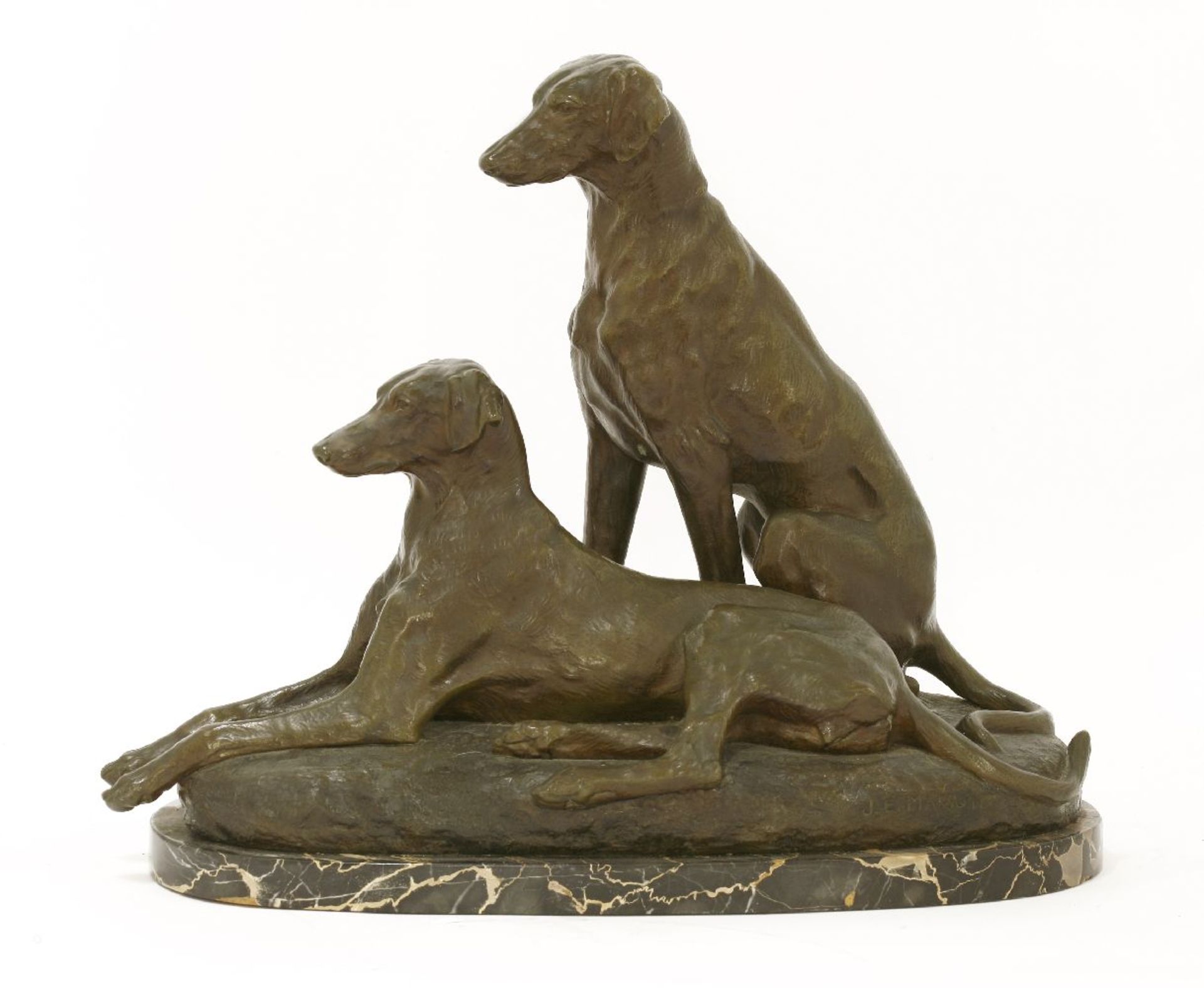 After Jules-Edmond Masson (French, 1871-1932)A PAIR OF HOUNDSSigned on the base, bronze with brown