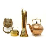 A tin ammunition box, together with a Royal Welsh Fusiliers bugle, a collection of kettles to