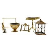 A miniature brass tripod table with galleried top, 24 cm high, together with a brass swing