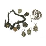 Two silver Albert chains, silver medallions, etc