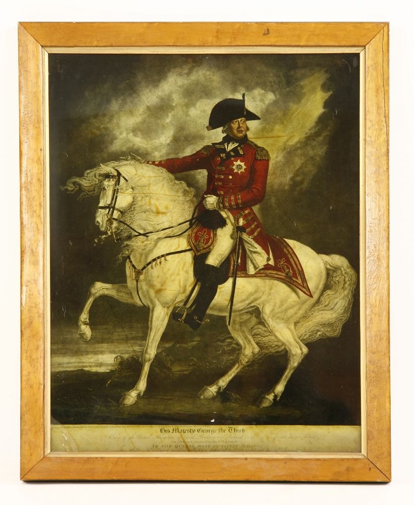 A mezzotint of His Majesty King George III, on his horse 'Adonis', 68 x 52cm