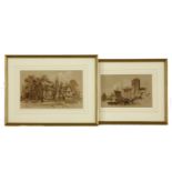 R. McCullen, two sepia washes, a country cottage, 20 x 32cm, together with a harbour scene 17 x 26