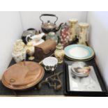 A collection of ceramics, a kettle on stand, Royal Worcester plates, a coaching lamp, and a