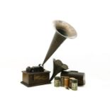 An 'Edison Standard' phonograph, with 24in brass horn, and six cylinder records, and another old