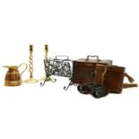 Sundries including binoculars, metal letter rack, pair of brass candlesticks, mahjong set