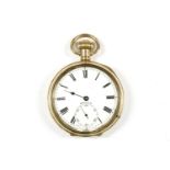 A rolled gold Denco open faced pocket watch, moon face, white enamel dial, Roman numerals,