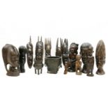 A collection of tribal hardwood carvings, together with two Oriental bronze censors