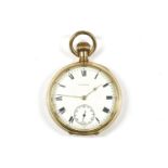 A Waltham rolled gold open faced pocket watch, white enamel dial, Roman numerals and subsidiary