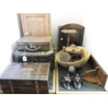 Medicine cabinet, contents, various wooden wares, sewing box, Chinese lacquer box etc, and a pine