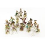 A Meissen style monkey band, 19th century, including drummer boy, bagpipe player, French horn,